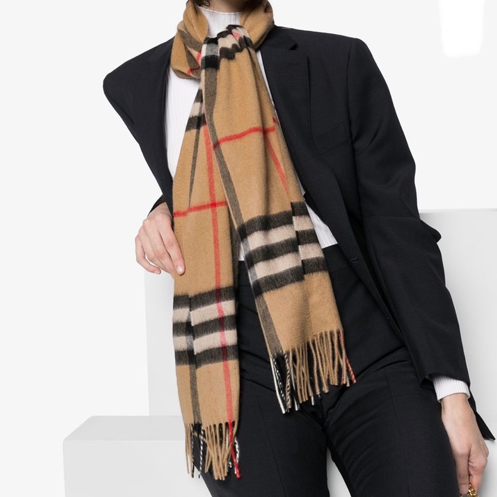 Burberry Classic Beige Check Cashmere Scarf with Black and Red Accents